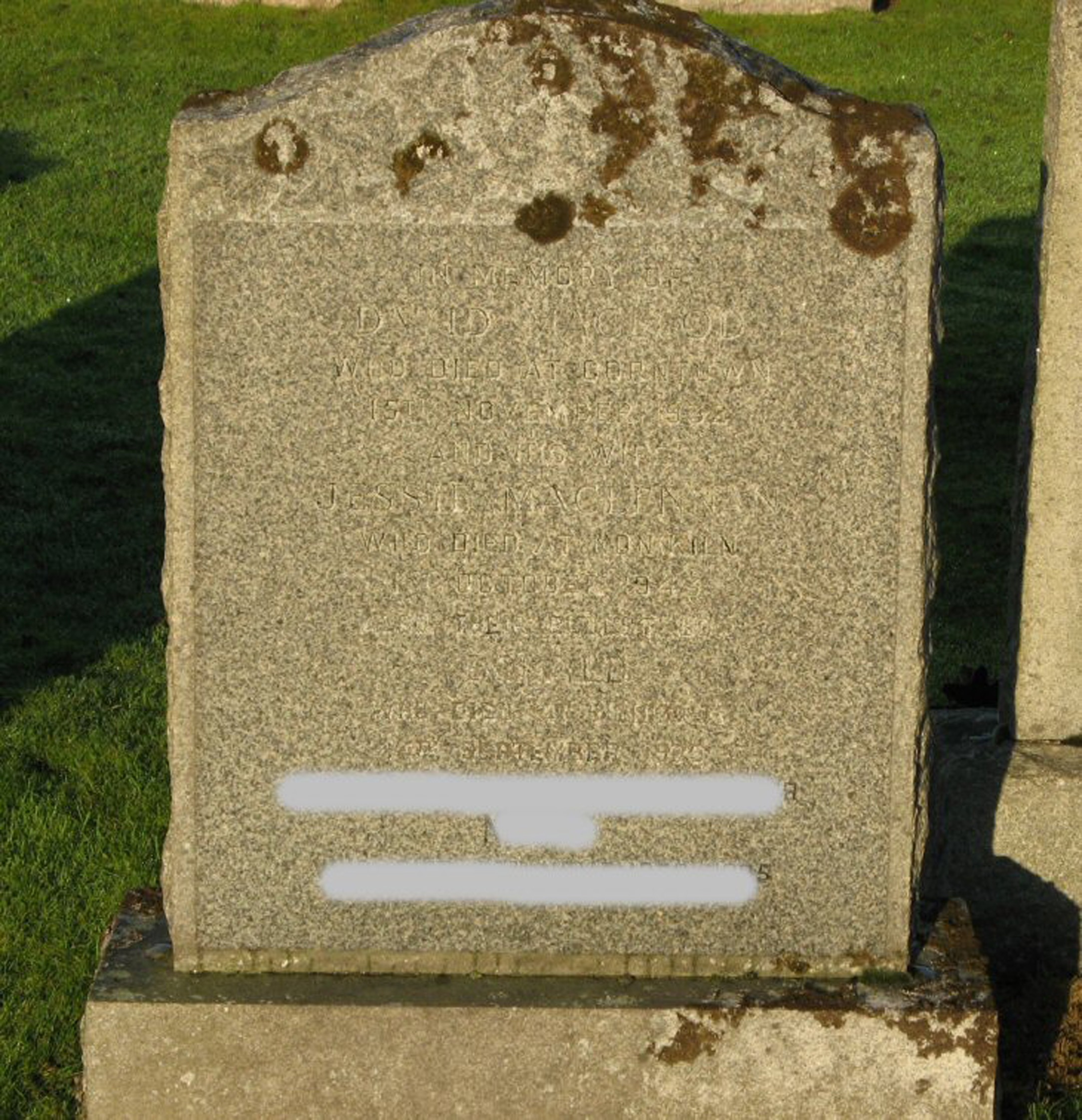 Photo of headstones/Jessie McLennan (McLeod)  died 1943 MI Rosskeen